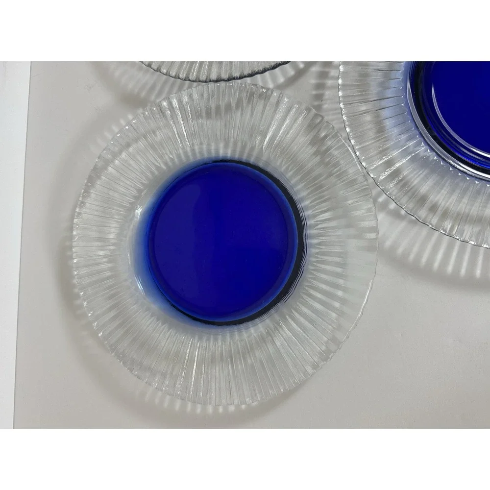 Pier 1 Salad Plates Glass Clear & Cobalt Blue Center Ribbed‎ 8.25